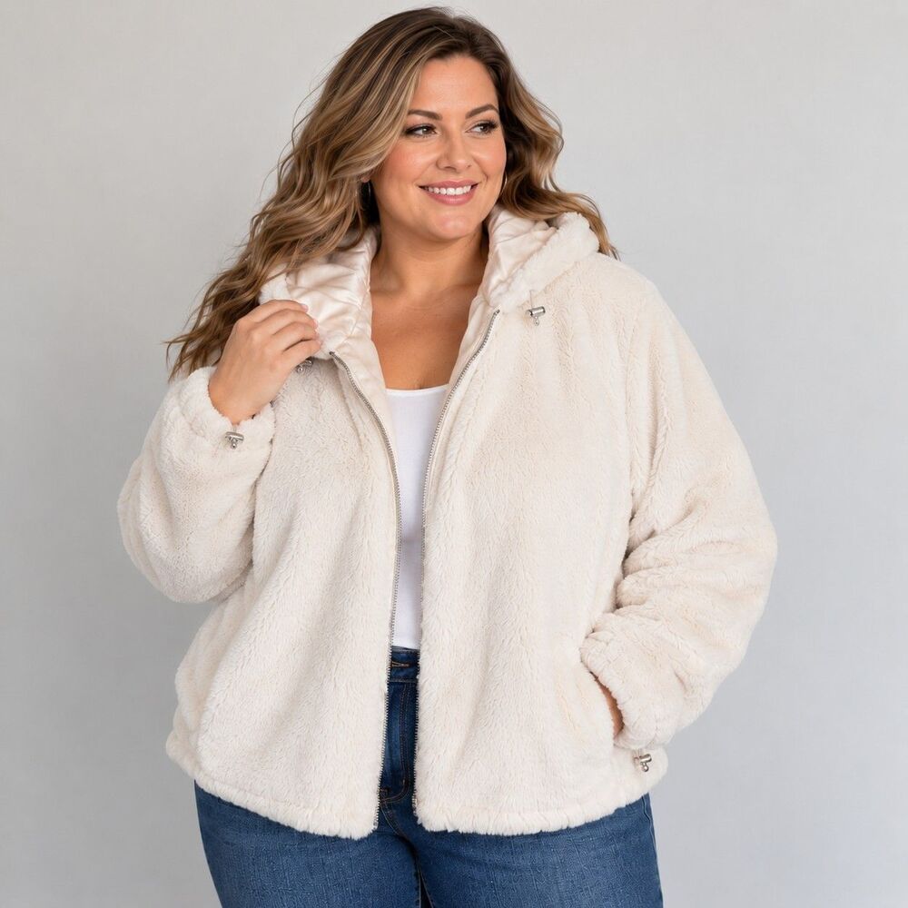 Jou Jou Faux Fur Jacket Womens 3X Ivory Cream Hooded Full Zip Plus Size Coat